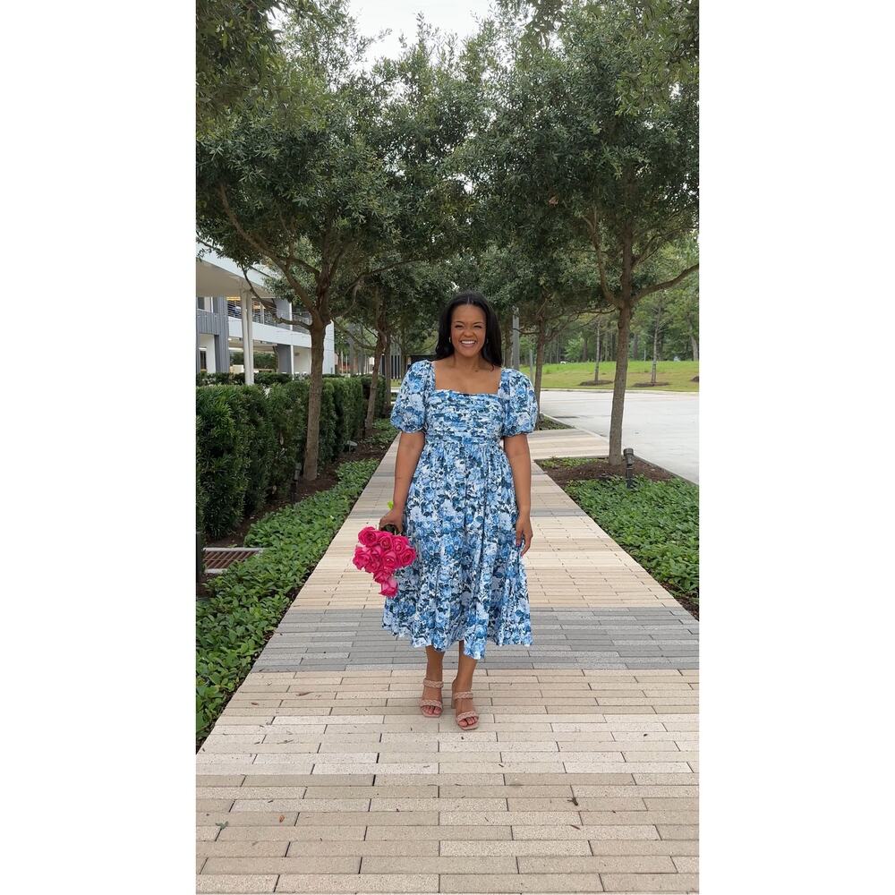 Abercrombie & Fitch Emerson Poplin Puff Sleeve Midi Dress – Blue White Floral - Picture 2 of 9